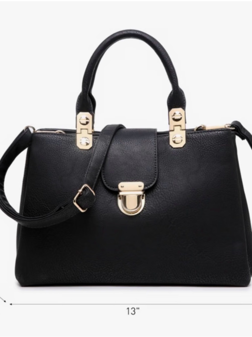 Black Structured Leather Satchel Handbag with Gold Hardware